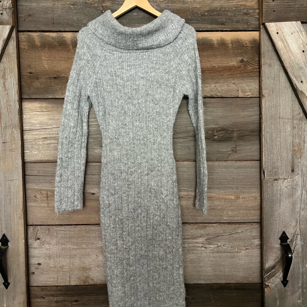 Gray Ribbed Knit Sweater Dress